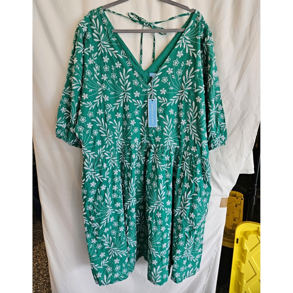 Draper James Terrie Tie Back Dress Women 3X Green NWT Floral Embroidered Pockets